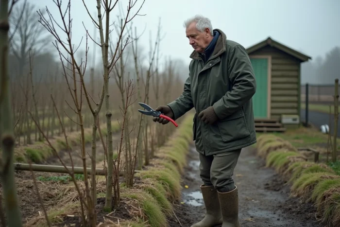 Homme âgé en veste verte taillant des rosiers dans un jardin potager au début du printemps, avec un cabanon de jardin en arrière-plan