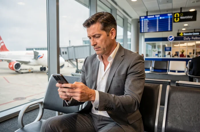 Homme en costume consultant son téléphone dans un salon d'aéroport pour trouver une solution de voyage sans pièce d'identité
