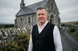 Homme breton en costume traditionnel devant une chapelle en pierre en Bretagne, symbole de l'identité bretonne BreizhPower