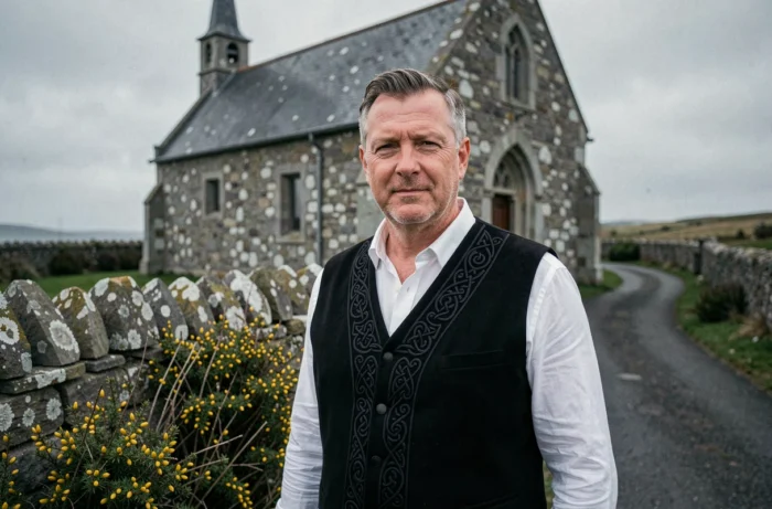 Homme breton en costume traditionnel devant une chapelle en pierre en Bretagne, symbole de l'identité bretonne BreizhPower