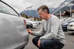 Homme inspectant une voiture d'occasion dans un garage automobile suisse à Zurich