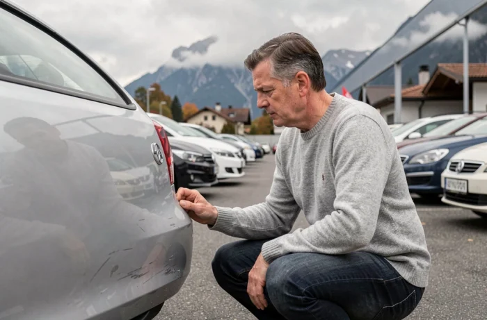 Homme inspectant une voiture d'occasion dans un garage automobile suisse à Zurich