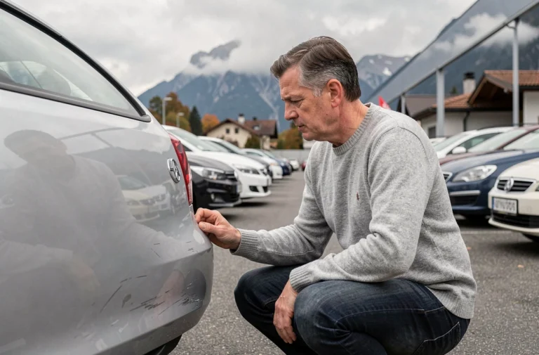 Homme inspectant une voiture d'occasion dans un garage automobile suisse à Zurich