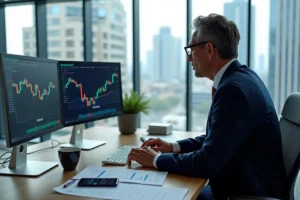 Investisseur analysant des graphiques financiers sur des écrans dans un bureau moderne avec vue sur la ville
