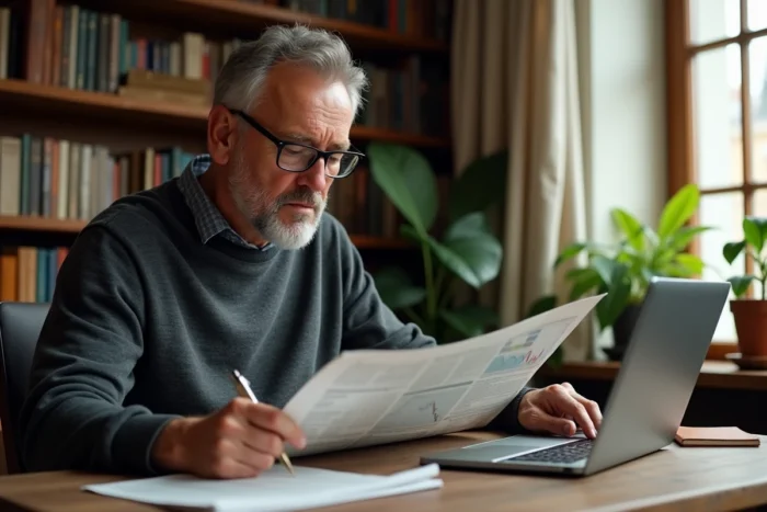 Investisseur particulier lisant un journal financier et prenant des notes dans un bureau à domicile chaleureux