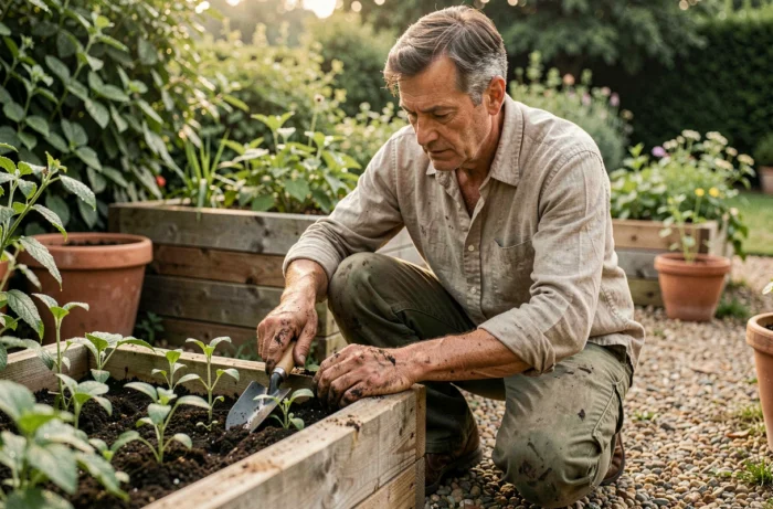 Jardinier agenouillé en train de repiquer des plants dans un potager surélevé en bois avec une truelle, mains couvertes de terre