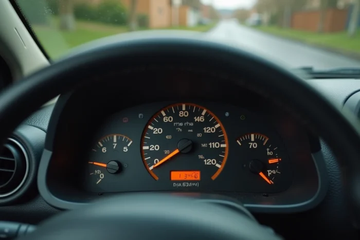 Gros plan sur la jauge de carburant d'une Twingo 2 avec l'aiguille en zone rouge indiquant une réserve d'essence presque vide