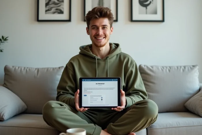 Jeune adulte utilisant une tablette pour résoudre un problème de connexion AOL Webmail depuis son salon