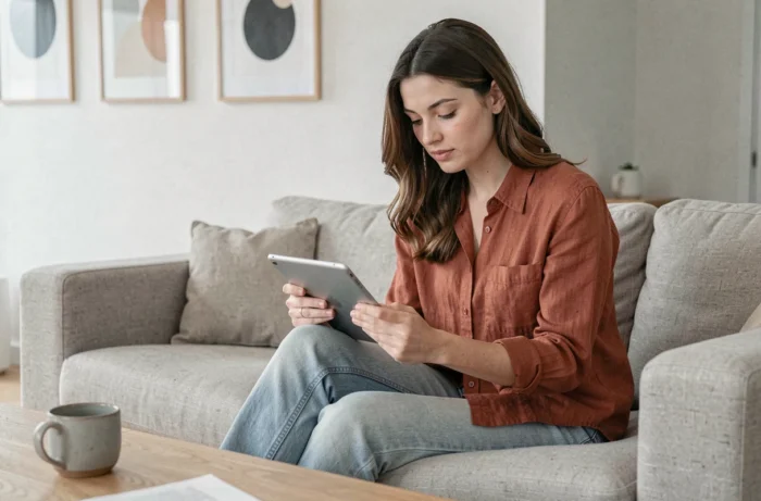 Jeune femme consultant le plan de site d'un portail d'actualités sur une tablette dans un salon scandinave