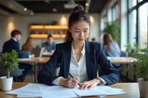 Jeune professionnelle concentrée sur ses documents dans un espace de coworking moderne, illustrant les services d'accompagnement professionnel de Jeune et Actif