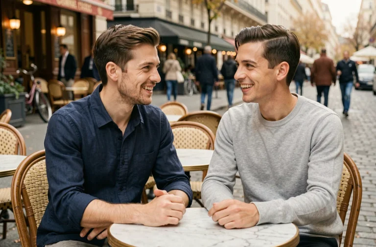 Deux hommes souriants assis en terrasse d'un café parisien, illustrant la vie de couple de Jules Torres en 2026