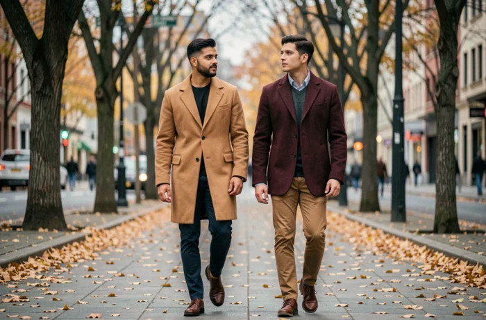 Deux hommes élégants marchant ensemble dans une avenue parisienne en automne, représentant le couple de Jules Torres