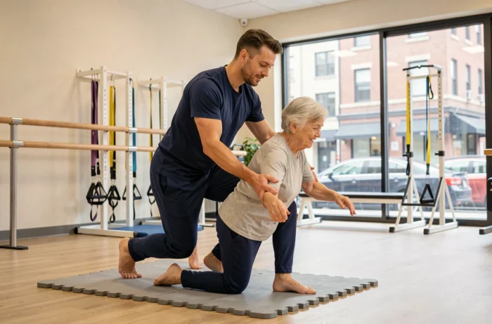 Kinésithérapeute guidant une patiente âgée lors d'un exercice de rééducation de l'équilibre dans une salle de physiothérapie