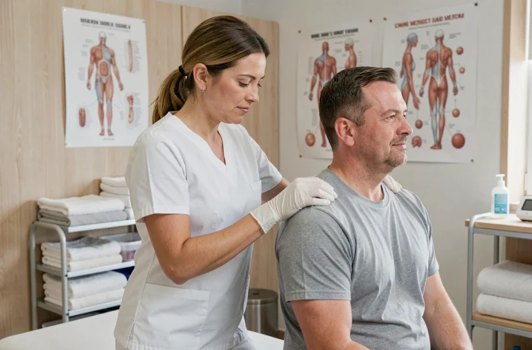 Kinésithérapeute réalisant une thérapie manuelle sur l'épaule d'un patient dans une clinique de rééducation moderne