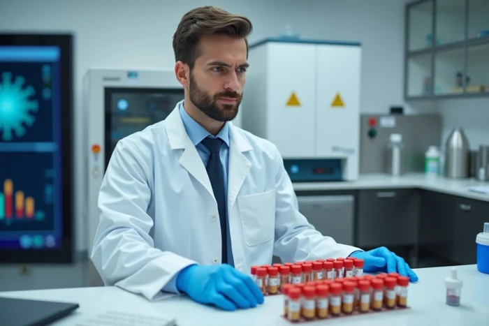 Technicien de laboratoire analysant des résultats de bilan hépatique avec des tubes de sang pour détecter des transaminases élevées chez l'enfant