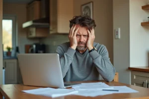 Un homme consulte des documents relatifs à un litige avec un vendeur de voitures d'occasion à son domicile