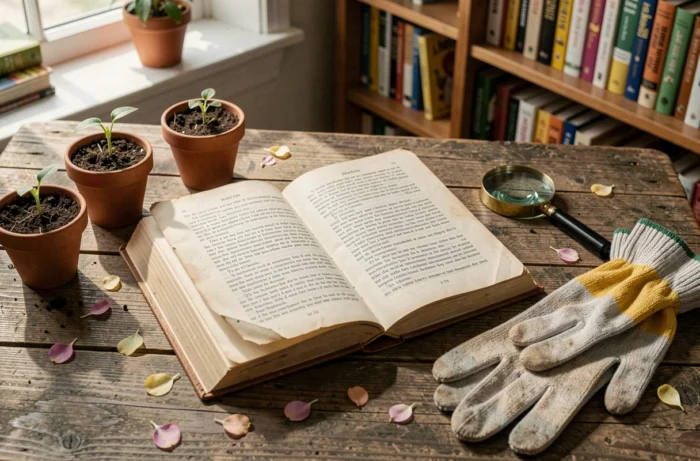 Livre jeunesse ouvert sur une table en bois avec accessoires de jardinage evoquant la litterature pour enfants et Tistou les pouces verts