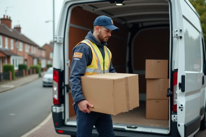 Livreur chargeant des colis dans un camion de livraison dans une rue résidentielle, illustrant les enjeux logistiques des délais de livraison express