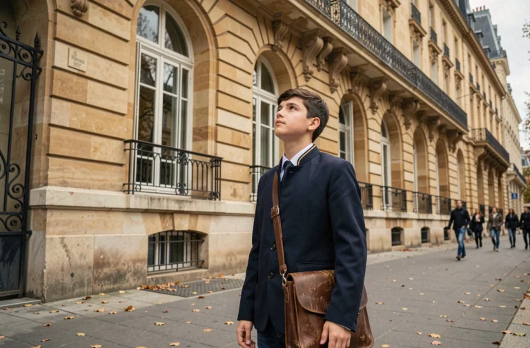 Lycéen devant l'entrée d'un lycée parisien de renom, façade en pierre de style haussmannien, rentrée scolaire à Paris