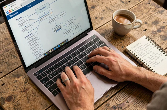 Mains tapant sur un ordinateur portable affichant un outil de sitemap dans un café avec carnet de notes