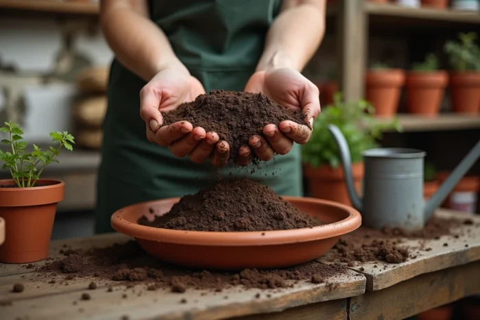 Gros plan de mains tamisant du compost et de la terre dans un bol en terre cuite sur un établi de jardinage en bois, intérieur d'une serre rustique