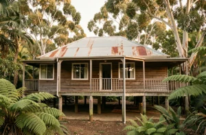 Maison australienne traditionnelle de style Queensland construite sur pilotis en bois, entourée de végétation tropicale luxuriante