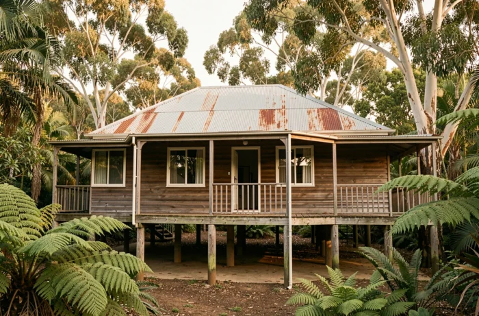 Maison australienne traditionnelle de style Queensland construite sur pilotis en bois, entourée de végétation tropicale luxuriante