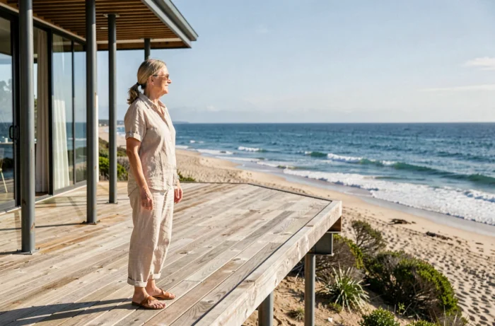 Maison moderne australienne sur pilotis métalliques en bord de mer avec vue sur l'océan et terrasse en bois surélevée