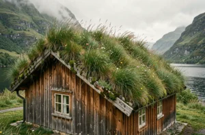 Maison norvégienne traditionnelle avec toit en gazon recouvert de plantes sauvages dans une vallée de fjord brumeuse