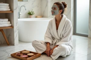 Femme avec masque d'argile naturel appliqué sur le visage, entourée d'ingrédients beauté comme le miel et les pétales de rose, dans une salle de bain marbre épurée