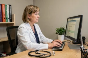 Médecin généraliste de garde consultante dans son bureau à la maison médicale de Montbrison