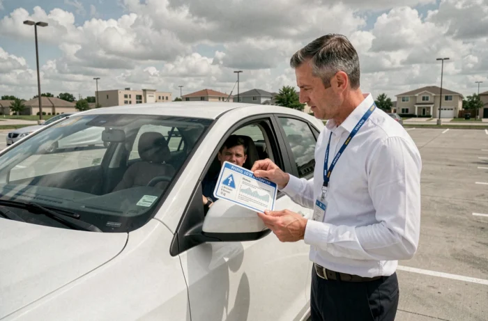 Moniteur d'auto-école présentant un panneau de signalisation à un élève conducteur devant une voiture école
