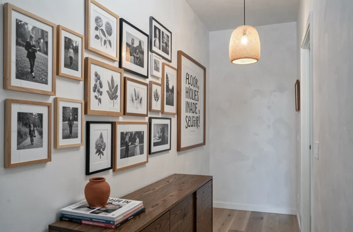 Mur galerie en couloir de style scandinave avec cadres mélangés, photos noir et blanc et illustrations botaniques