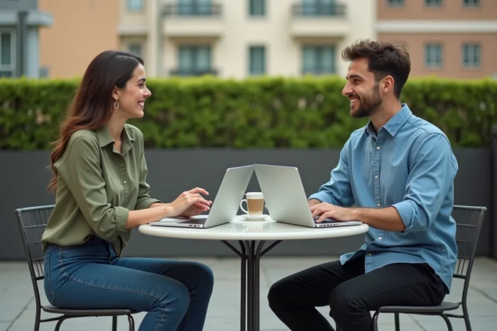 Deux jeunes professionnels en réunion informelle en terrasse urbaine discutant d'opportunités professionnelles, illustrant le réseau et les services de Jeune et Actif