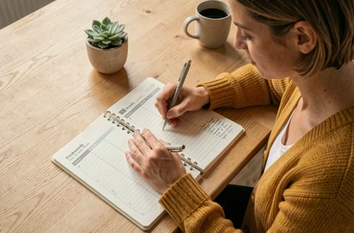 Une femme écrivant des objectifs hebdomadaires dans un agenda structuré sur un bureau minimaliste