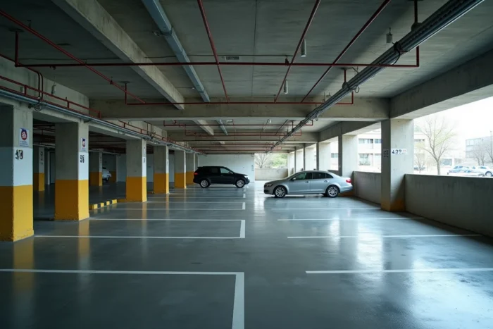Vue intérieure d'un parking souterrain avec des places numérotées et des voitures garées illustrant la durée d'amortissement