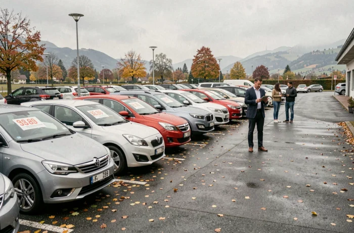Vue panoramique d'un parking de voitures d'occasion en Suisse près de Genève en automne