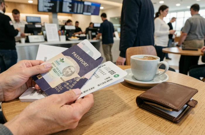 Mains tenant un passeport et une carte d'embarquement sur une table de café d'aéroport lors d'un voyage en urgence
