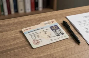 Passeport français ouvert sur un bureau en bois avec stylo et document officiel, illustrant la législation sur les pages de passeport
