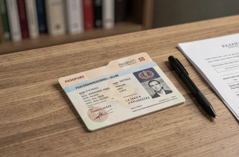 Passeport français ouvert sur un bureau en bois avec stylo et document officiel, illustrant la législation sur les pages de passeport