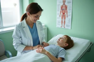 Pédiatre examinant l'abdomen d'un enfant pour évaluer des transaminases élevées lors d'une consultation médicale