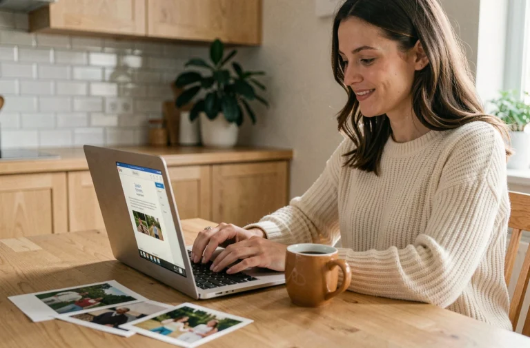 Femme souriante personnalisant une carte postale en ligne sur son ordinateur portable dans une cuisine moderne