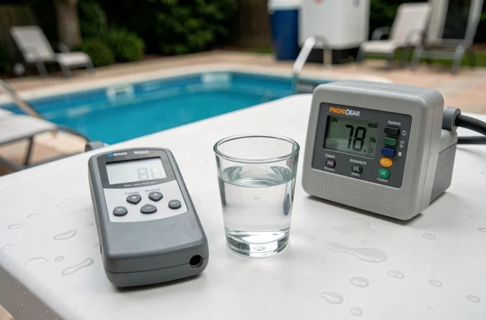 pH-mètre numérique affichant un taux trop élevé près d'un électrolyseur de piscine au sel