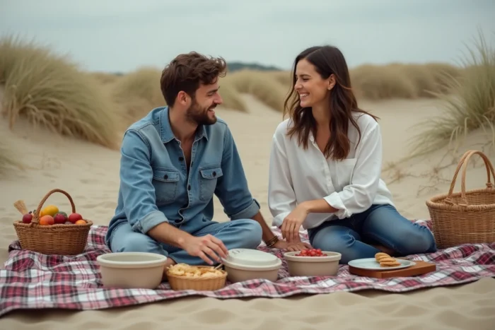 Couple profitant d'un pique-nique sur les dunes de la Mer de Sable avec des repas faits maison dans des contenants réutilisables