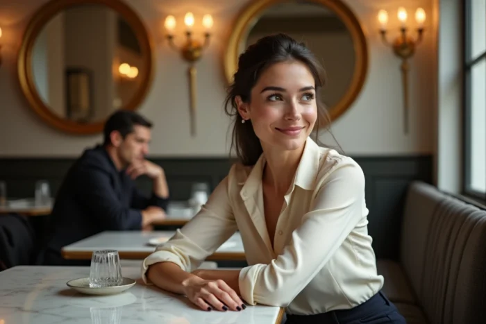 Jeune femme élégante assise dans une brasserie parisienne chic, portrait de la compagne d'un joueur de football célèbre