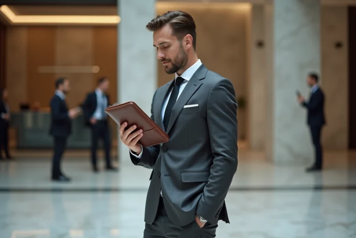 Jeune professionnel en finance sortant d'un entretien dans un grand cabinet d'audit Big 4, tenant un portfolio en cuir