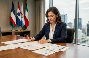 Femme professionnelle examinant des documents de conventions fiscales internationales dans une salle de conférence formelle avec drapeaux nationaux en arrière-plan