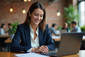 Professionnelle consultant des offres d'emploi sur un laptop dans un espace de coworking moderne