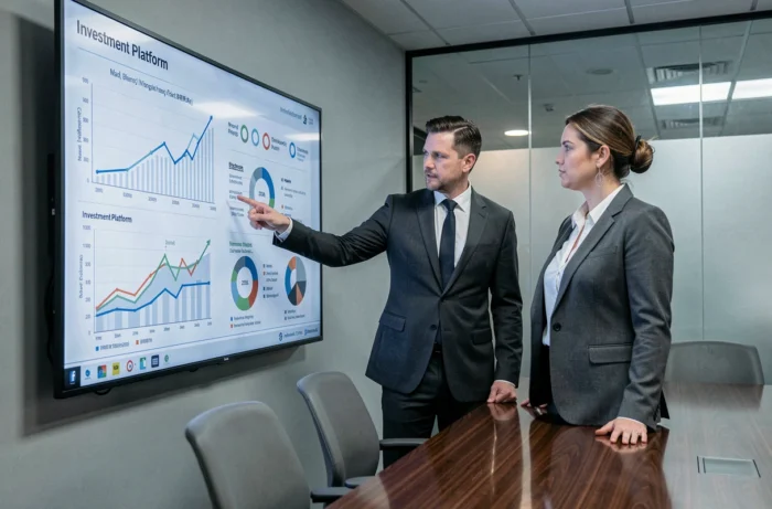 Deux professionnels analysant des graphiques financiers sur grand écran en salle de réunion, discutant de la légitimité d'une plateforme d'investissement
