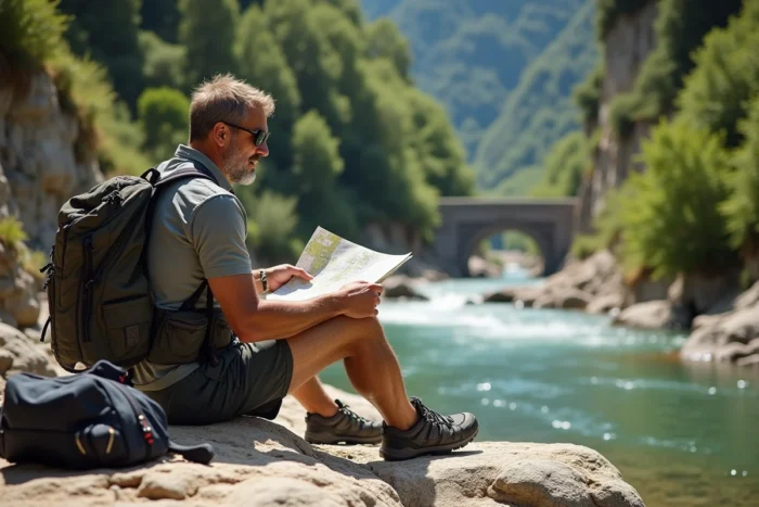 Randonneur consulant une carte près de la rivière Vis avant d'accéder au site de baignade de la cascade, Cirque de Navacelles